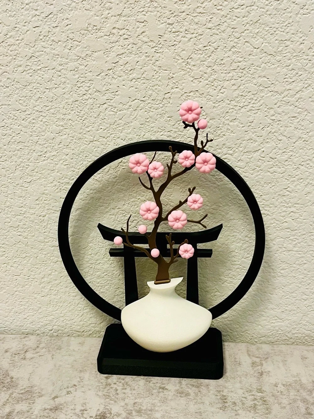 Decorative Cherry Blossom Vase Sculpture in Pink and Black